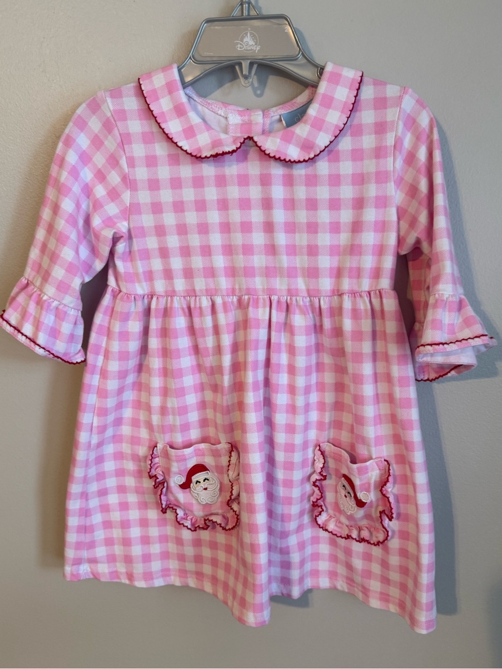 Classic Pink Gingham Nightgown with Santa Pocket Appliqués